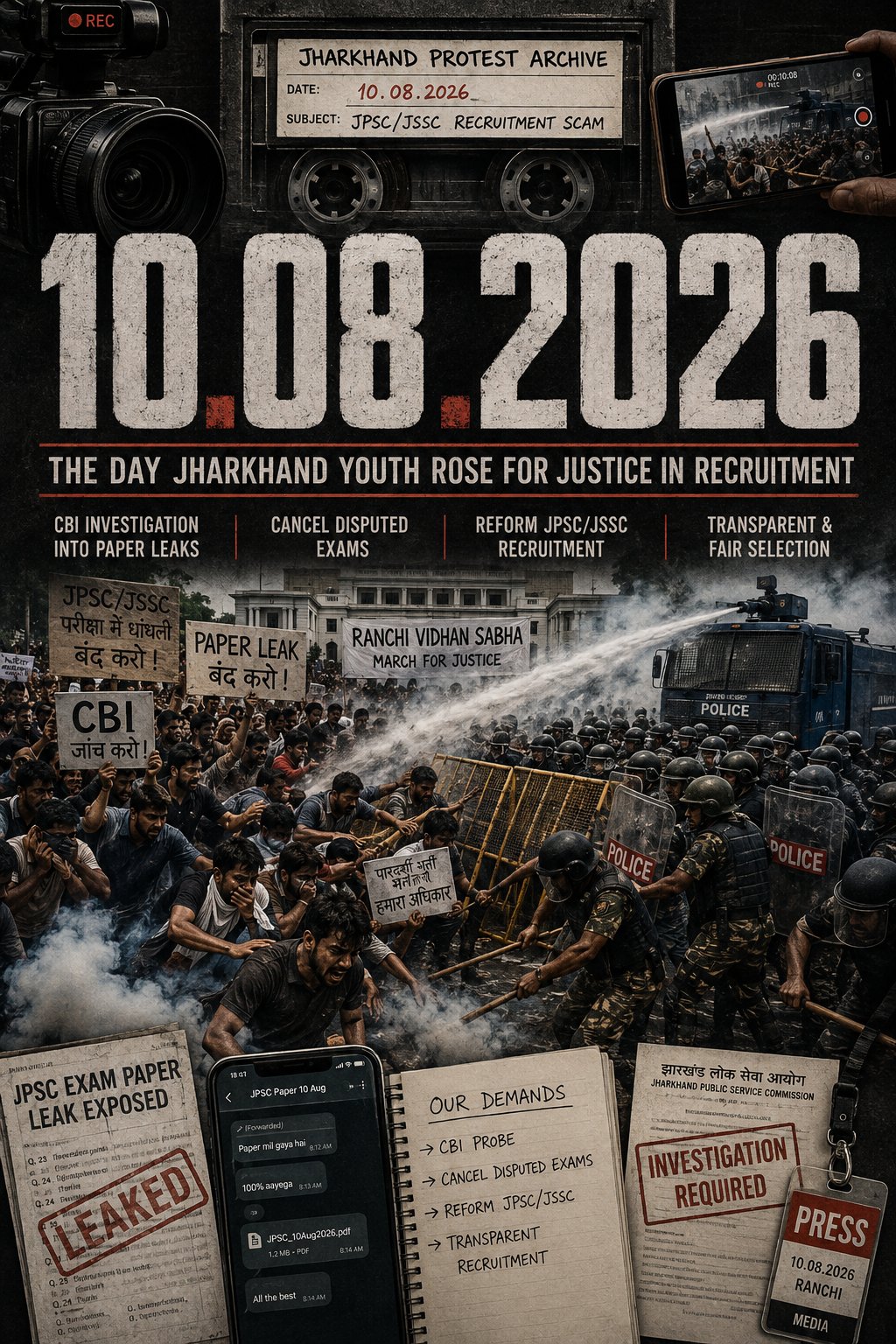 Illustrated documentary-collage poster titled Jharkhand Protest Archive: the date 10.08.2026 over scenes of the Ranchi march — protesters holding signs demanding a CBI probe and an end to paper leaks, police using a water cannon at the Vidhan Sabha barricades — surrounded by a leaked exam paper, a WhatsApp chat, a handwritten list of demands and a press card.